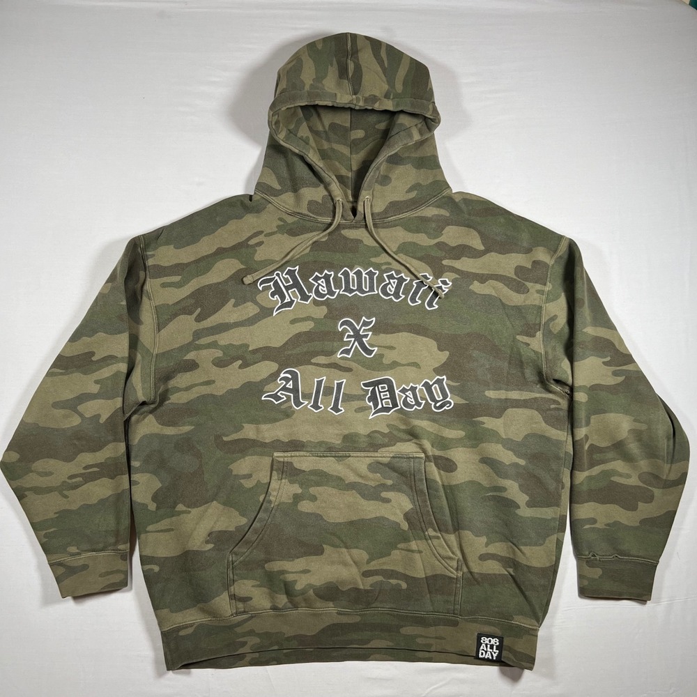 808 All Day Hawaii Camo Hoodie Mens XL Green Camouflage Streetwear Pullover